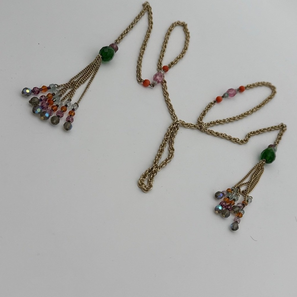 Boho Gold Tone Beaded Lariat Necklace with Multi Color Crystal Tassels